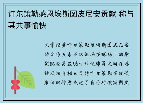 许尔策勒感恩埃斯图皮尼安贡献 称与其共事愉快