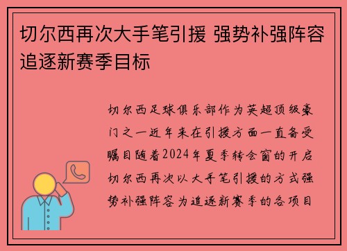 切尔西再次大手笔引援 强势补强阵容追逐新赛季目标