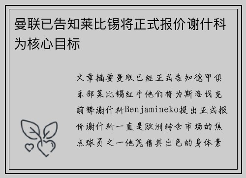 曼联已告知莱比锡将正式报价谢什科为核心目标